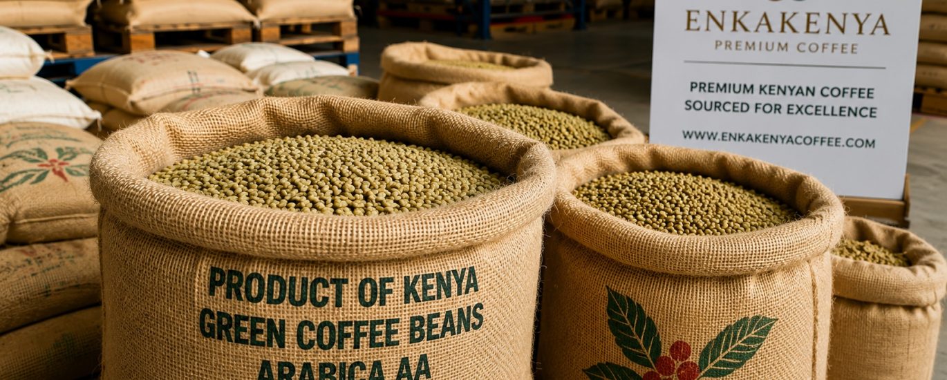 Premium Kenyan Arabica green coffee beans packed in jute bags for international export