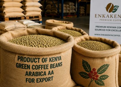 Premium Kenyan Arabica green coffee beans packed in jute bags for international export